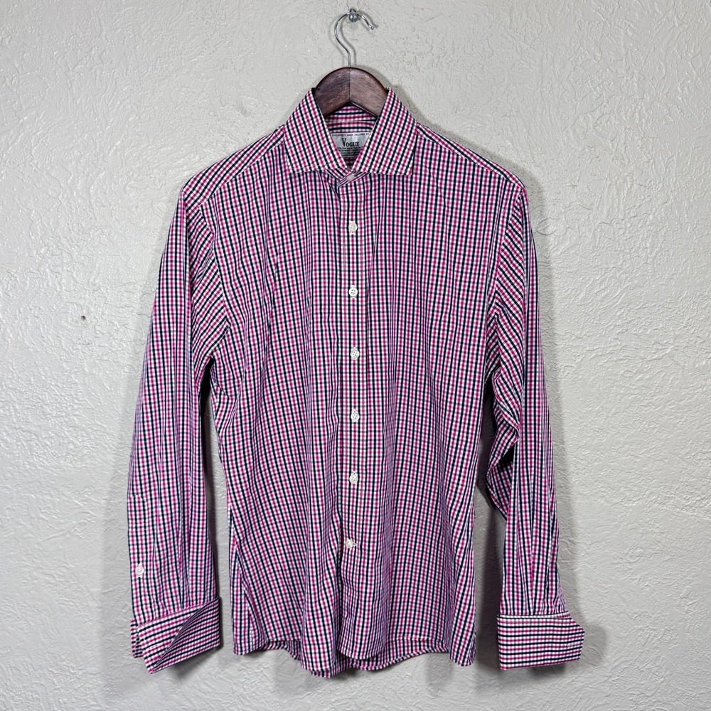 Vtg Vogue Button Up Shirt Med Gingham Check Plaid Pink Navy Cotton 90s Old Money